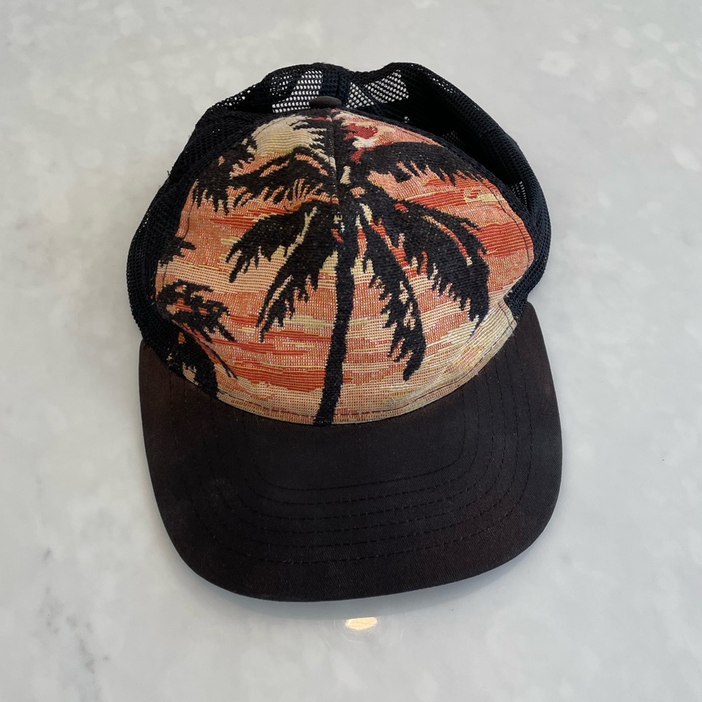 Saint Laurent Black Trucker Hat with Orange Sunset Palm